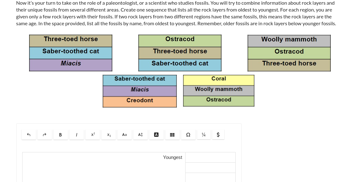 Now it's your turn to take on the role of a paleontologist, or a scientist who studies fossils. You will try to combine information about rock layers and
their unique fossils from several different areas. Create one sequence that lists all the rock layers from oldest to youngest. For each region, you are
given only a few rock layers with their fossils. If two rock layers from two different regions have the same fossils, this means the rock layers are the
same age. In the space provided, list all the fossils by name, from oldest to youngest. Remember, older fossils are in rock layers below younger fossils.
Three-toed horse
Ostracod
Woolly mammoth
Saber-toothed cat
Three-toed horse
Ostracod
Miacis
Saber-toothed cat
Three-toed horse
Saber-toothed cat
Coral
Miacis
Woolly mammoth
Creodont
Ostracod
В
x?
x,
Aa
A
Ω
1/4
$
Youngest
