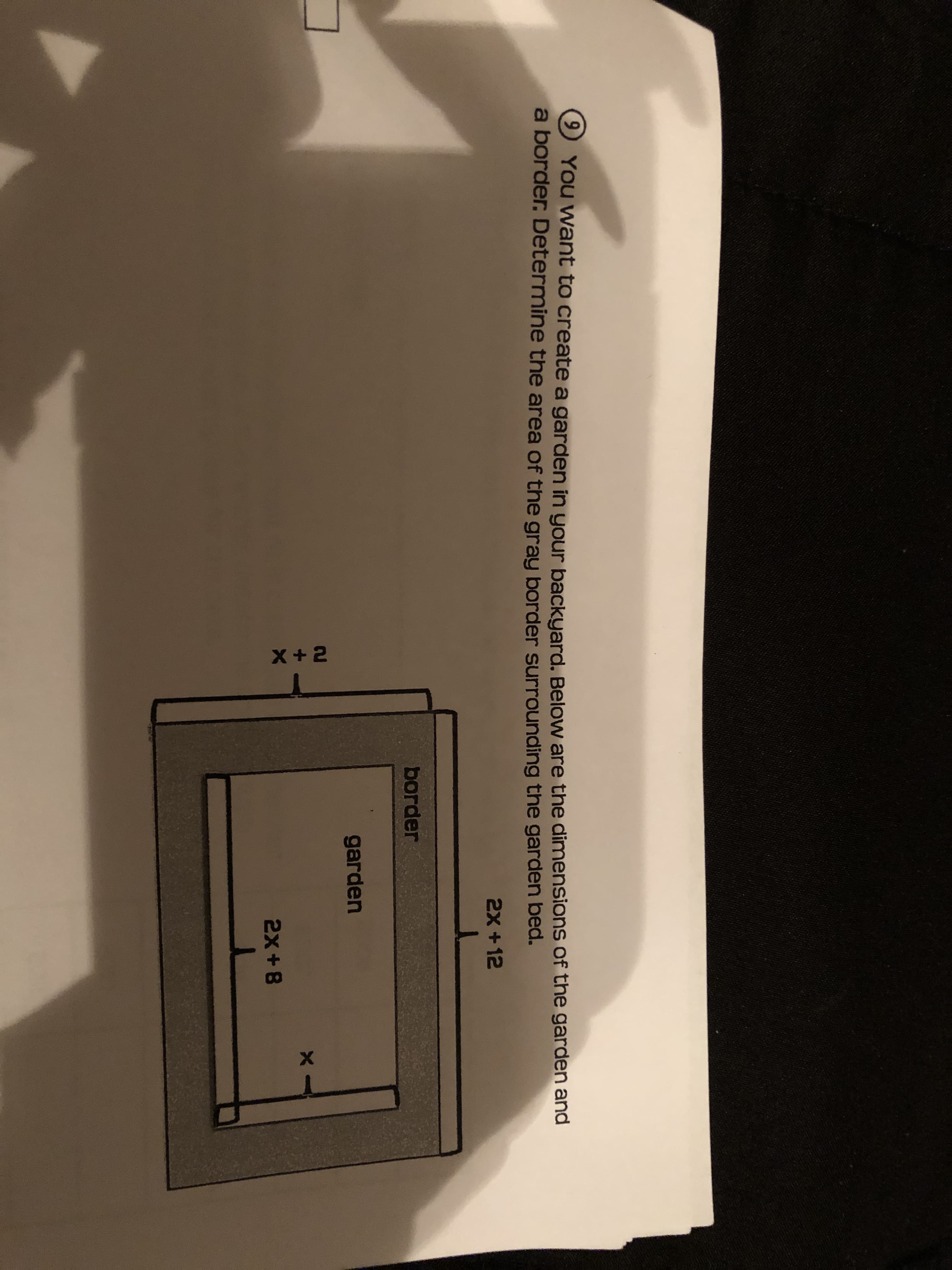 9 You want to create a garden in your backyard, Below are the dimensions of the garden and
a border. Determine the area of the gray border surrounding the garden bed.
2x +12
border
garden
XX
2x+8
X+2
