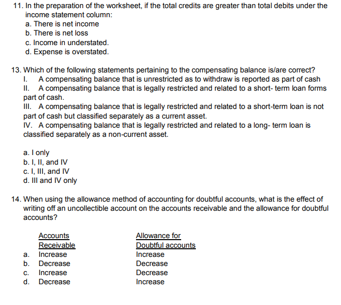 11. In the preparation of the worksheet, if the total credits are greater than total debits under the
income statement column:
a. There is net income
b. There is net loss
c. Income in understated.
d. Expense is overstated.
13. Which of the following statements pertaining to the compensating balance islare correct?
1. A compensating balance that is unrestricted as to withdraw is reported as part of cash
II. A compensating balance that is legally restricted and related to a short- term loan forms
part of cash.
ilII. A compensating balance that is legally restricted and related to a short-term loan is not
part of cash but classified separately as a current asset.
iv. A compensating balance that is legally restricted and related to a long- term loan is
classified separately as a non-current asset.
a. I only
b. I, II, and IV
c. I, II, and IV
d. Il and IV only
14. When using the allowance method of accounting for doubtful accounts, what is the effect of
writing off an uncollectible account on the accounts receivable and the allowance for doubtful
accounts?
Accounts
Receivable
Increase
Allowance for
Doubtful accounts
а.
Increase
b. Decrease
Decrease
C.
Increase
Decrease
d. Decrease
Increase
