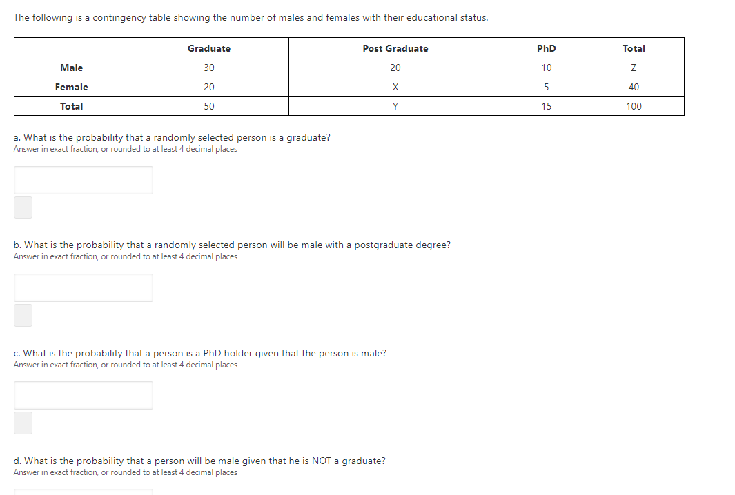 The following is a contingency table showing the number of males and females with their educational status.
Graduate
Post Graduate
PhD
Total
Male
30
20
10
Female
20
X
5
40
Total
50
Y
15
100
a. What is the probability that a randomly selected person is a graduate?
Answer in exact fraction, or rounded to at least 4 decimal places
b. What is the probability that a randomly selected person will be male with a postgraduate degree?
Answer in exact fraction, or rounded to at least 4 decimal places
c. What is the probability that a person is a PhD holder given that the person is male?
Answer in exact fraction, or rounded to at least 4 decimal places
d. What is the probability that a person wilI be male given that he is NOT a graduate?
Answer in exact fraction, or rounded to at least 4 decimal places
