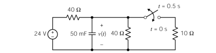 t = 0.5 s
24 V(*)
v(t) 40 Q.
t = 0 s
10Ω
50 mF
