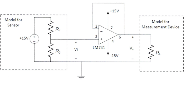 +15V
| Model for
Model for
Sensor
Measurement Device
R.
+15V
3
6.
Vi
LM741
V.
R2
RL
-15V
2.
