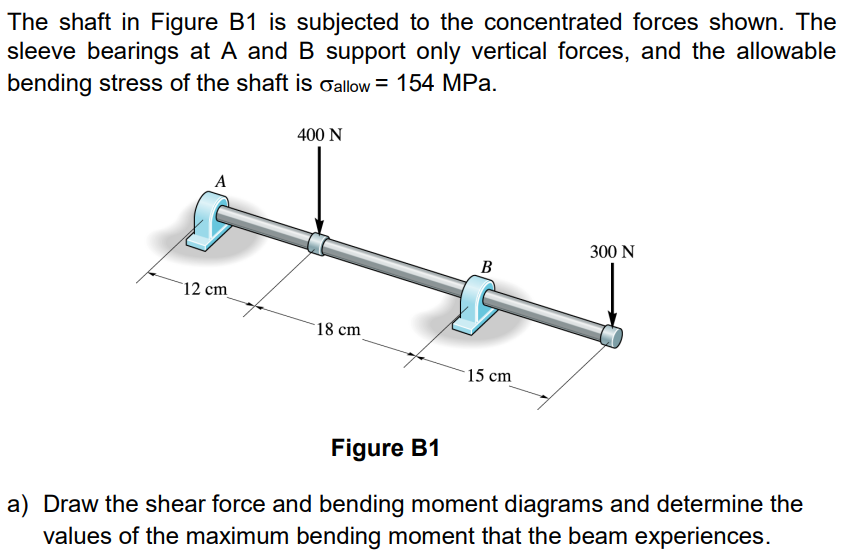 The shaft in Figure B1 is subjected to the concentrated forces shown. The
sleeve bearings at A and B support only vertical forces, and the allowable
bending stress of the shaft is oallow = 154 MPa.
400 N
A
300 N
B
12 cm
18 cm
15 cm
Figure B1
a) Draw the shear force and bending moment diagrams and determine the
values of the maximum bending moment that the beam experiences.
