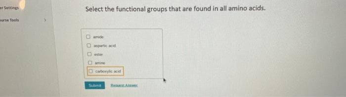 et Settings
Select the functional groups that are found in all amino acids.
purse Tools
O amide
O aspartic acid
O ester
Damine
O carboxylic acid
Submit
RemestAnawer
