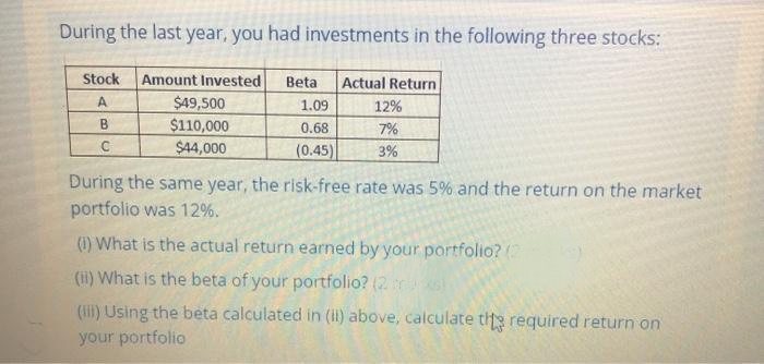 During the last year, you had investments in the following three stocks:
Stock
Amount Invested
Beta
Actual Return
A
$49,500
$110,000
$44,000
1.09
12%
B
0.68
7%
(0.45)
3%
During the same year, the risk-free rate was 5% and the return on the market
portfolio was 12%.
(1) What is the actual return earned by your portfolio?
(1i) What is the beta of your portfolio? (2 s
(lii) Using the beta calculated in (ii) above, calculate tte required return on
your portfolio

