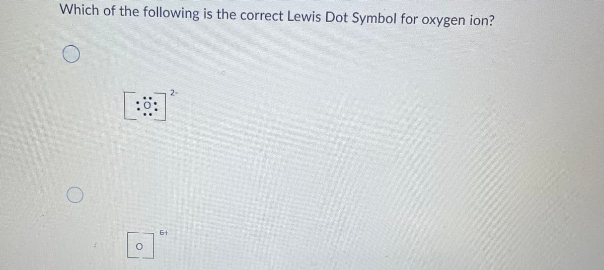 Which of the following is the correct Lewis Dot Symbol for oxygen ion?
2-
6+
