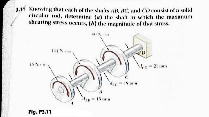 3.11 Knowing that each of the shafts AB. BC, and CD consist of a solid
circular tod, determine (a) the shaft in which the maximum
shearing stress occurs, (b) the magnitude of that stress.
6ON m
IS N m.
den=21 mm
IS mm
15 mm
Fig. P3.11
