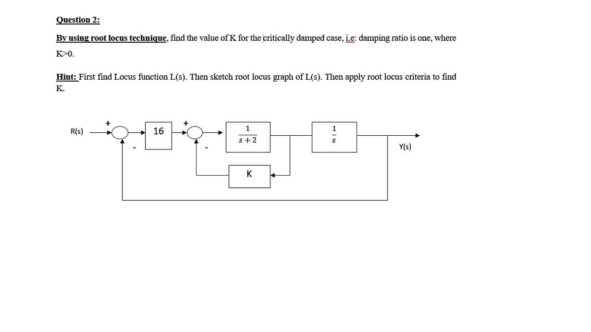 Question 2:
By using root locus technique, find the value of K for the critically damped case, i.e: damping ratio is one, where
K>0.
Hint: First find Locus function L(s). Then sketch root locus graph of L(s). Then apply root locus criteria to find
K.
1
R(s)
16
s+2
Y(s)
K
