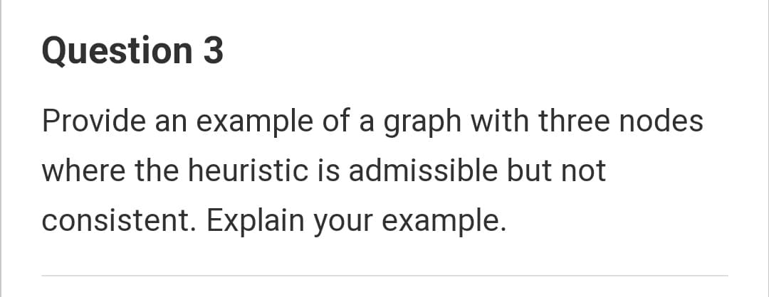 Question 3
Provide an example of a graph with three nodes
where the heuristic is admissible but not
consistent. Explain your example.
