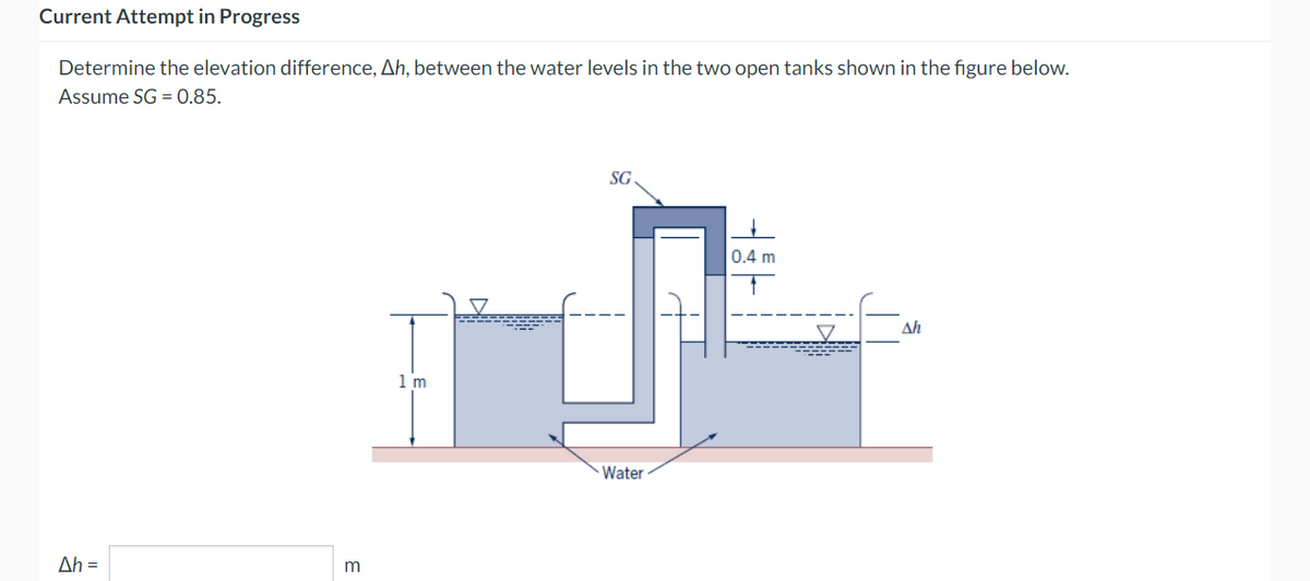 Current Attempt in Progress
Determine the elevation difference, Ah, between the water levels in the two open tanks shown in the figure below.
Assume SG = 0.85.
Δh =
m
1 m
SG
Water
0.4 m
Ah