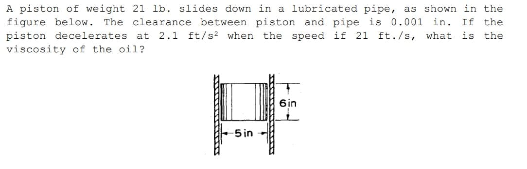 A piston of weight 21 lb. slides down in a lubricated pipe, as shown in the
figure below. The clearance between piston and pipe is 0.001 in. If the
piston decelerates at 2.1 ft/s² when the speed if 21 ft./s, what is the
viscosity of the oil?
6 in
#
-5 in
FEEDEDEMEIND
******