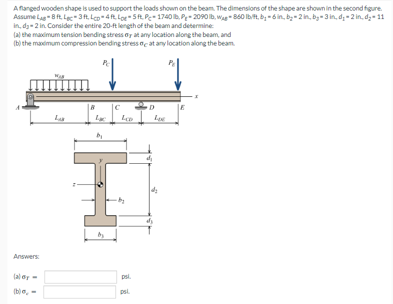 A flanged wooden shape is used to support the loads shown on the beam. The dimensions of the shape are shown in the second figure.
Assume LAB = 8 ft, Lec= 3 ft, Lcp=4 ft, LDE = 5 ft. Pc=1740 lb, PE = 2090 lb, WAB= 860 lb/ft, b₁ = 6 in., b₂ = 2 in., b3 = 3 in., d₁ = 2 in., d₂ = 11
in., d3= 2 in. Consider the entire 20-ft length of the beam and determine:
(a) the maximum tension bending stress or at any location along the beam, and
(b) the maximum compression bending stress o at any location along the beam.
Pc
PE
WAB
x
Answers:
=
(a) OT
(b) o
LAB
C
LBC LCD
b₁
B
b3
-b₂
psi.
psi,
D
d₁
LDE
d₂
d3
E