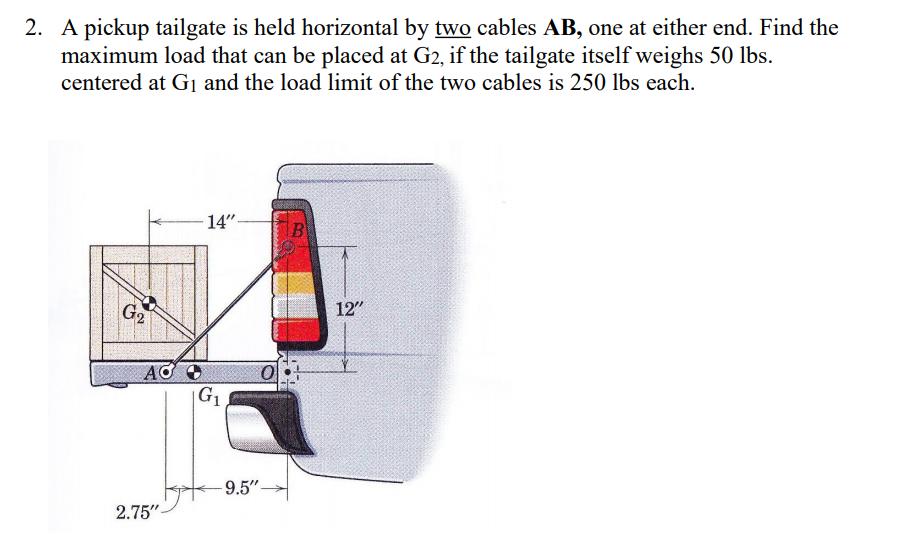 2. A pickup tailgate is held horizontal by two cables AB, one at either end. Find the
maximum load that can be placed at G2, if the tailgate itself weighs 50 lbs.
centered at G1 and the load limit of the two cables is 250 lbs each.
14"
G2
12"
|G1
9.5"
2.75"
