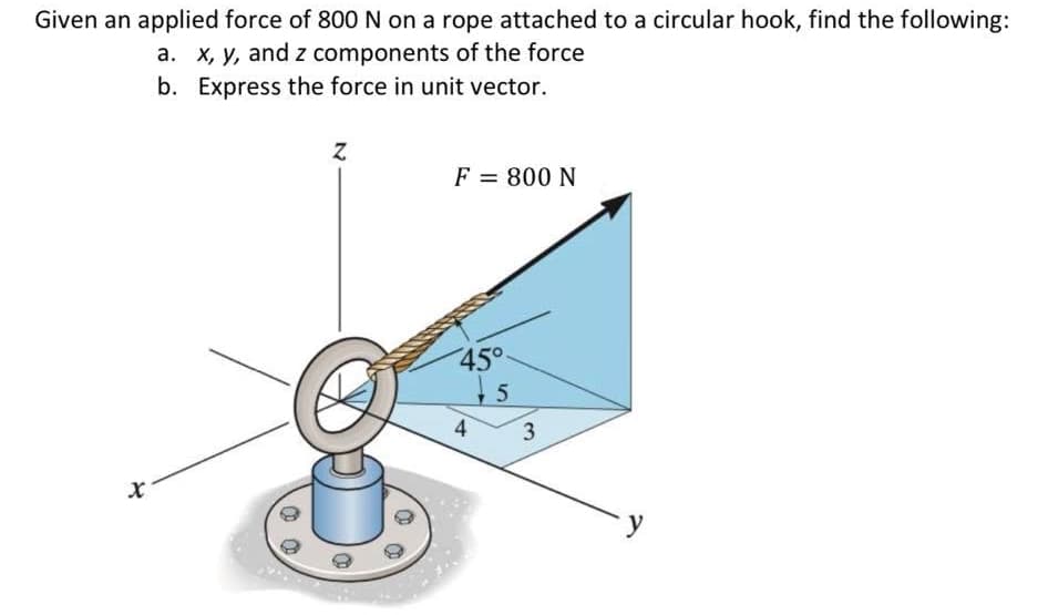 Given an applied force of 800N on a rope attached to a circular hook, find the following:
a. x, y, and z components of the force
b. Express the force in unit vector.
F = 800 N
45°
4
3
y

