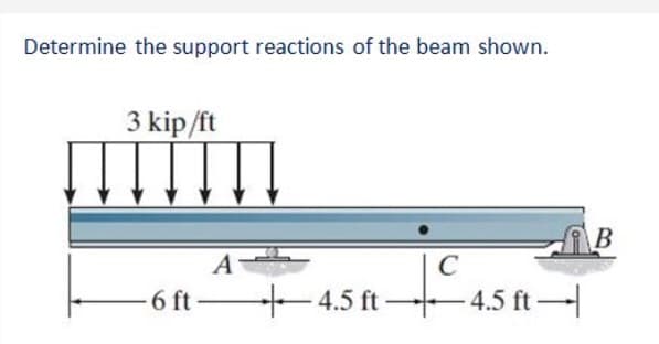 Determine the support reactions of the beam shown.
3 kip/ft
B
A
C
-6 ft 4.5 ft-
4.5 ft
