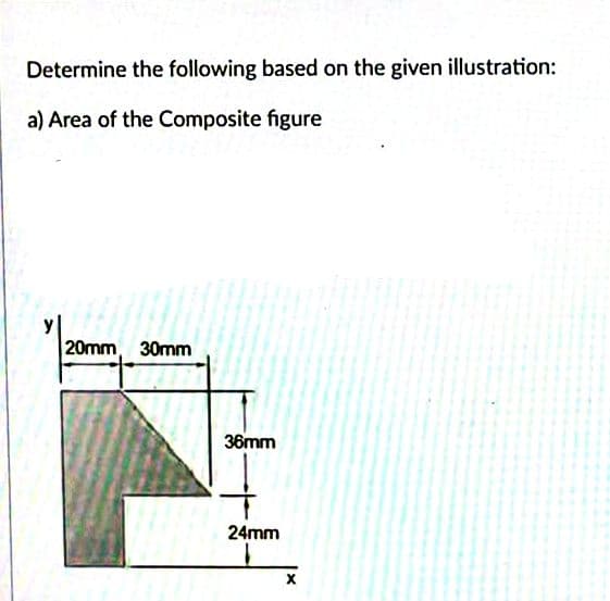 Determine the following based on the given illustration:
a) Area of the Composite figure
20mm 30mm
36mm
24mm
