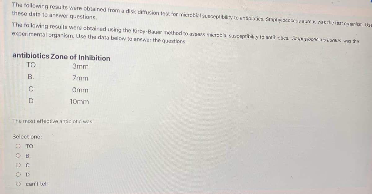 The following results were obtained from a disk diffusion test for microbial susceptibility to antibiotics. Staphylococcus aureus was the test organism. Use
these data to answer questions.
The following results were obtained using the Kirby-Bauer method to assess microbial susceptibility to antibiotics. Staphylococcus aureus was the
experimental organism. Use the data below to answer the questions.
antibiotics Zone of Inhibition
TO
3mm
В.
7mm
C
Omm
10mm
The most effective antibiotic was:
Select one:
O TO
B.
can't tell
O O O O O
