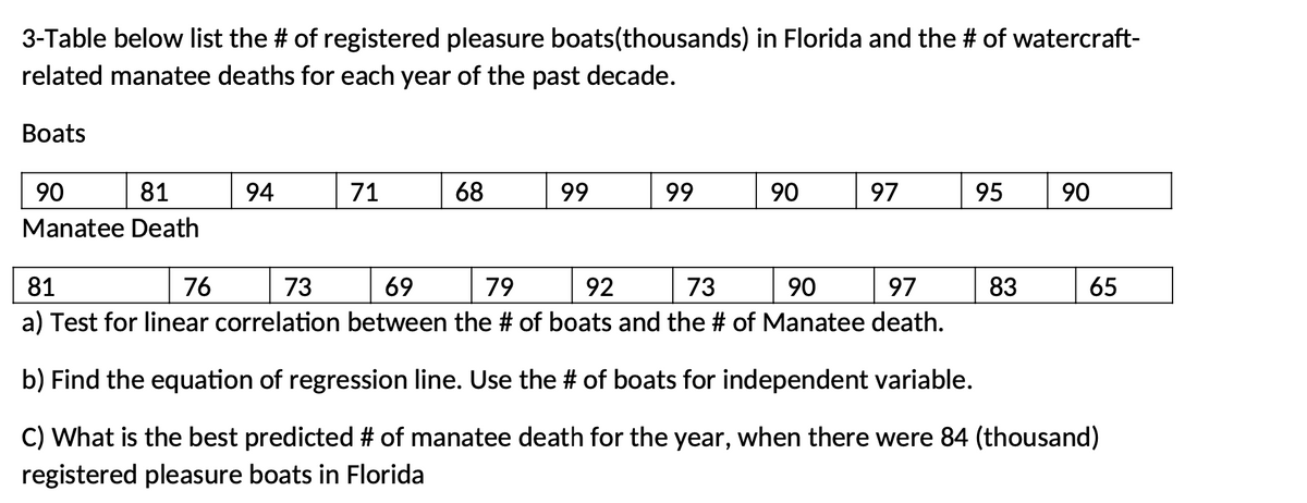 3-Table below list the # of registered pleasure boats(thousands) in Florida and the # of watercraft-
related manatee deaths for each year of the past decade.
Вoats
90
81
94
71
68
99
99
90
97
95
90
Manatee Death
81
76
73
69
79
92
73
90
97
83
65
a) Test for linear correlation between the # of boats and the # of Manatee death.
b) Find the equation of regression line. Use the # of boats for independent variable.
C) What is the best predicted # of manatee death for the year, when there were 84 (thousand)
registered pleasure boats in Florida
