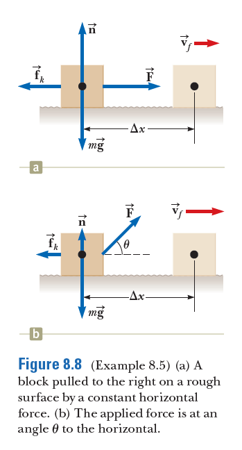 Ax
mg
a
マー
-Ax-
mg
Figure 8.8 (Example 8.5) (a) A
block pulled to the right on a rough
surface by a constant horizontal
force. (b) The applied force is at an
angle 0 to the horizontal.
