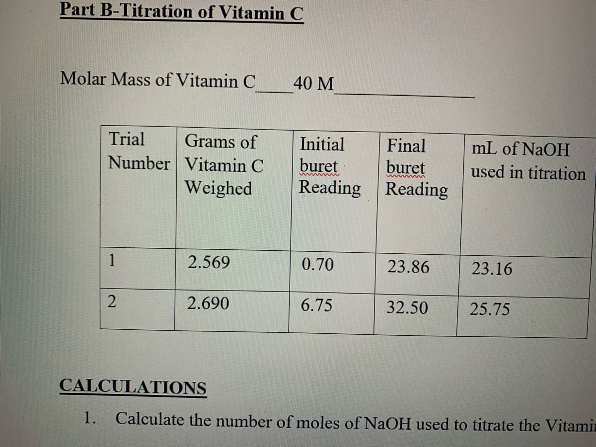 Part B-Titration of Vitamin C
Molar Mass of Vitamin C
40 M
Trial
Grams of
Initial
buret
Reading Reading
Final
mL of NaOH
Number Vitamin C
Weighed
buret
used in titration
1
2.569
0.70
23.86
23.16
2.690
6.75
32.50
25.75
CALCULATIONS
1.
Calculate the number of moles of NaOH used to titrate the Vitamin
