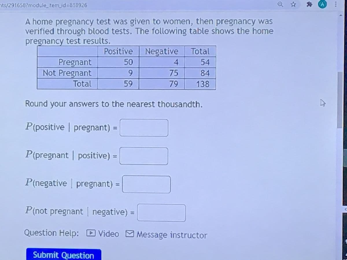 nts/291658?module_item_id%=818926
A home pregnancy test was given to women, then pregnancy was
verified through blood tests. The following table shows the home
pregnancy test results.
Positive
Negative
Total
50
Pregnant
Not Pregnant
54
6.
75
84
Total
59
79
138
Round your answers to the nearest thousandth.
P(positive | pregnant) =
%3D
P(pregnant | positive) =
P(negative pregnant) =
%3D
P(not pregnant negative) =
%3D
Question Help: D Video M Message instructor
Submit Question
