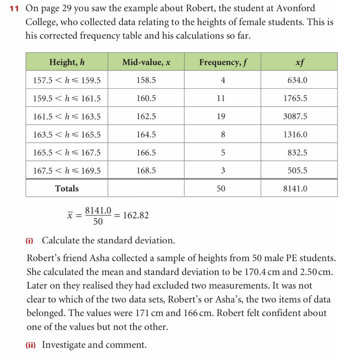 11 On page 29 you saw the example about Robert, the student at Avonford
College, who collected data relating to the heights of female students. This is
his corrected frequency table and his calculations so far.
Height, h
Mid-value, x
Frequency, f
xf
157.5 <h< 159.5
158.5
4
634.0
159.5 <h<161.5
160.5
11
1765.5
161.5 <h< 163.5
162.5
19
3087.5
163.5 <h<165.5
164.5
8.
1316.0
165.5 < h< 167.5
166.5
5
832.5
167.5 <h<169.5
168.5
505.5
Totals
50
8141.0
8141.0
= 162.82
%3D
50
(i) Calculate the standard deviation.
Robert's friend Asha collected a sample of heights from 50 male PE students.
She calculated the mean and standard deviation to be 170.4 cm and 2.50 cm.
Later on they realised they had excluded two measurements. It was not
clear to which of the two data sets, Robert's or Asha's, the two items of data
belonged. The values were 171 cm and 166 cm. Robert felt confident about
one of the values but not the other.
(ii) Investigate and comment.
3.
