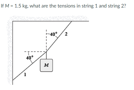 If M = 1.5 kg, what are the tensions in string 1 and string 2?
-40°
2
1-
40°
M
