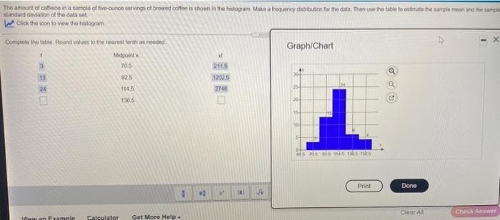 The amount of caffoine in a sample of five-ounce servings of brewed coffee is shown in the histogram. Make a froquenoy distribution for the data. Then use the table to estiemate tho sample mean and the sample
starndard deviation of the data set
A Click the icon to view the histogram
Complote the tabio. Round values to the nearest terith an reeded
Graph/Chart
Midpointx
70.5
2115
13
925
1202 5
24
114.5
2748
25
130.5
as s S as s S
Print
Done
Clear All
Check Answwer
Vlew an Example
Calculator
Get More Help-
