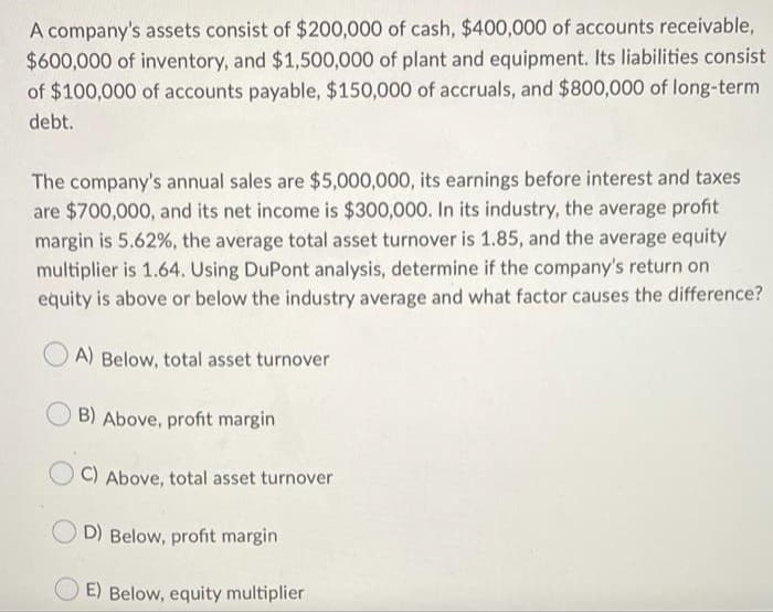 A company's assets consist of $200,000 of cash, $400,000 of accounts receivable,
$600,000 of inventory, and $1,500,000 of plant and equipment. Its liabilities consist
of $100,000 of accounts payable, $150,000 of accruals, and $800,000 of long-term
debt.
The company's annual sales are $5,000,000, its earnings before interest and taxes
are $700,000, and its net income is $300,000. In its industry, the average profit
margin is 5.62%, the average total asset turnover is 1.85, and the average equity
multiplier is 1.64. Using DuPont analysis, determine if the company's return on
equity is above or below the industry average and what factor causes the difference?
A) Below, total asset turnover
B) Above, profit margin
C) Above, total asset turnover
D) Below, profit margin
E) Below, equity multiplier
