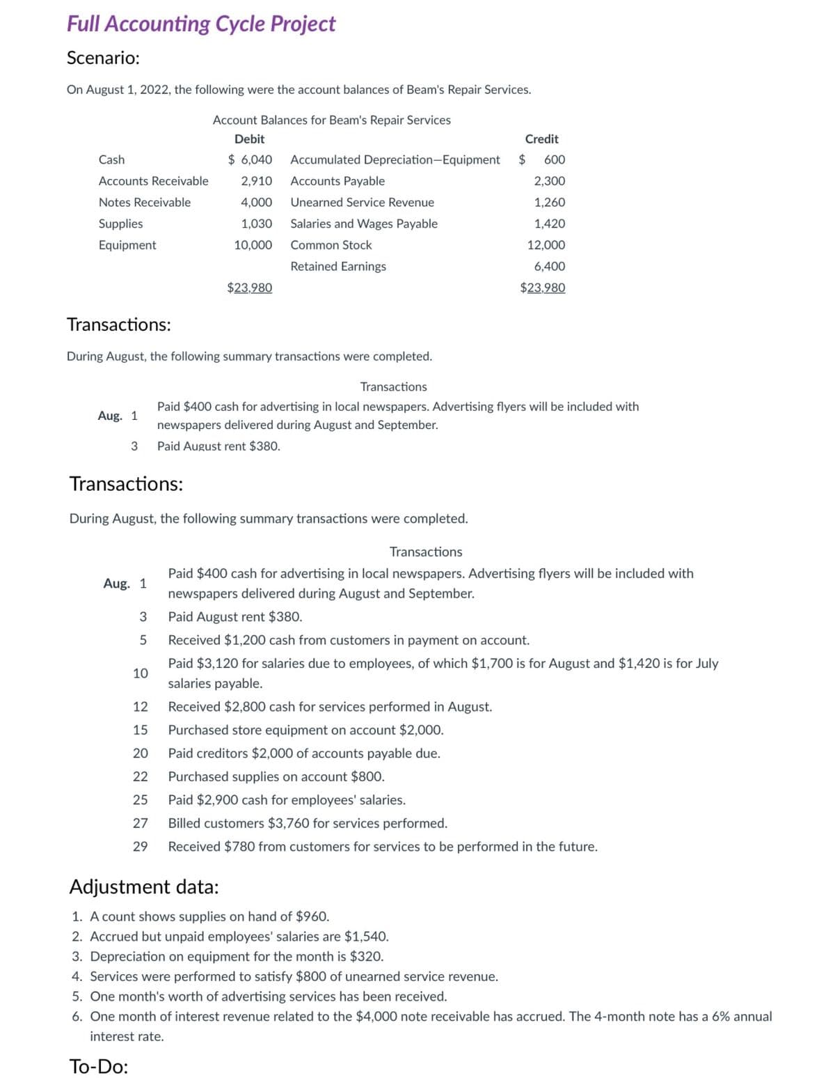 Full Accounting Cycle Project
Scenario:
On August 1, 2022, the following were the account balances of Beam's Repair Services.
Account Balances for Beam's Repair Services
Debit
Credit
$ 6,040 Accumulated Depreciation-Equipment $ 600
2,910
Accounts Payable
2,300
4,000
Unearned Service Revenue
1,260
1,030
Salaries and Wages Payable
1,420
10,000
Common Stock
12,000
Retained Earnings
6,400
$23,980
Cash
Accounts Receivable
Notes Receivable
Supplies
Equipment
Transactions:
During August, the following summary transactions were completed.
Aug. 1
3
Aug. 1
$23,980
Transactions:
During August, the following summary transactions were completed.
3
5
10
Transactions
Paid $400 cash for advertising in local newspapers. Advertising flyers will be included with
newspapers delivered during August and September.
Paid August rent $380.
Transactions
Paid $400 cash for advertising in local newspapers. Advertising flyers will be included with
newspapers delivered during August and September.
Paid August rent $380.
Received $1,200 cash from customers in payment on account.
Paid $3,120 for salaries due to employees, of which $1,700 is for August and $1,420 is for July
salaries payable.
Received $2,800 cash for services performed in August.
12
15 Purchased store equipment on account $2,000.
20
Paid creditors $2,000 of accounts payable due.
22 Purchased supplies on account $800.
25
Paid $2,900 cash for employees' salaries.
27
Billed customers $3,760 for services performed.
29 Received $780 from customers for services to be performed in the future.
Adjustment data:
1. A count shows supplies on hand of $960.
2. Accrued but unpaid employees' salaries are $1,540.
3. Depreciation on equipment for the month is $320.
4. Services were performed to satisfy $800 of unearned service revenue.
5. One month's worth of advertising services has been received.
6. One month of interest revenue related to the $4,000 note receivable has accrued. The 4-month note has a 6% annual
interest rate.
To-Do: