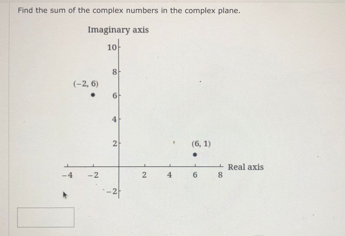 Find the sum of the complex numbers in the complex plane.
Imaginary axis
10-
8
(-2, 6)
6
4
(6, 1)
+ Real axis
8.
-4
-2
4
6.
2.
2.
