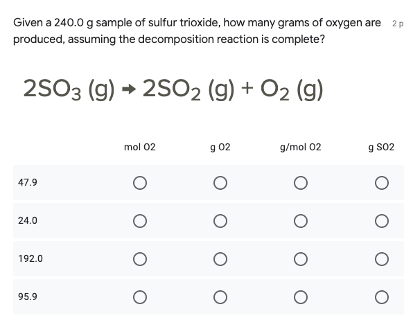 Given a 240.0 g sample of sulfur trioxide, how many grams of oxygen are
produced, assuming the decomposition reaction is complete?
2 p
2S03 (g) → 2S02 (g) + O2 (g)
mol 02
g 02
g/mol 02
g S02
47.9
24.0
192.0
95.9
