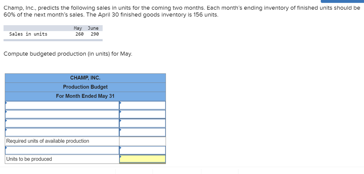 Champ, Inc., predicts the following sales in units for the coming two months. Each month's ending inventory of finished units should be
60% of the next month's sales. The April 30 finished goods inventory is 156 units.
May June
260
Sales in units
290
Compute budgeted production (in units) for May.
CHAMP, INC.
Production Budget
For Month Ended May 31
Required units of available production
Units to be produced
