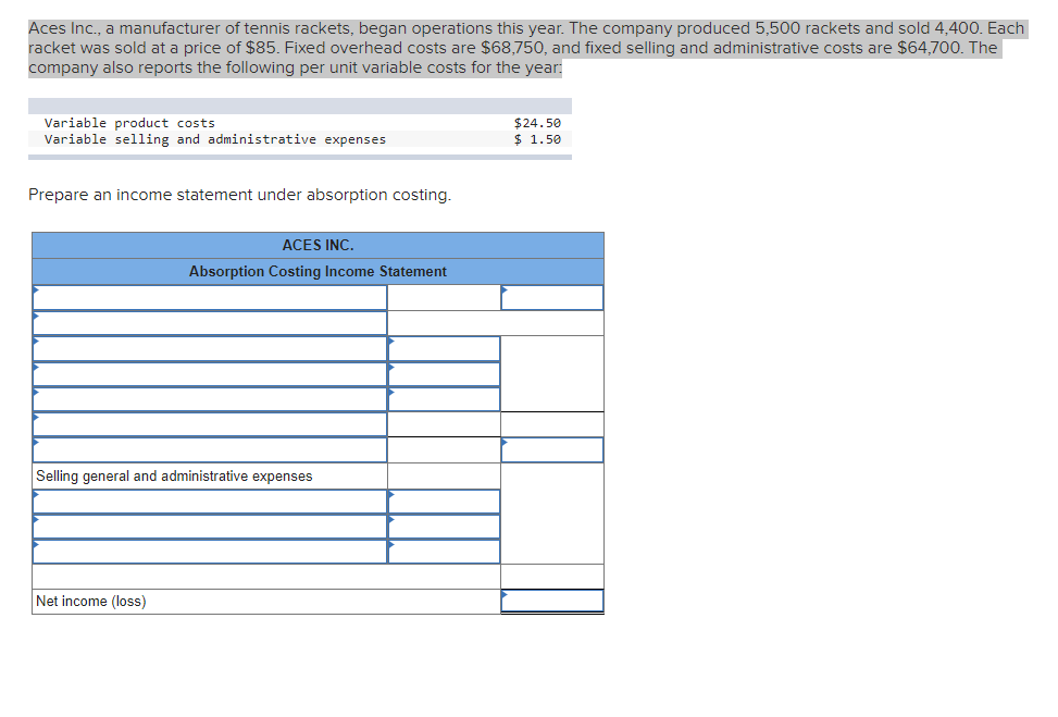 Aces Ic., a manufacturer of tennis rackets, began operations this year. The company produced 5,500 rackets and sold 4,400. Each
racket was sold at a price of $85. Fixed overhead costs are $68,750, and fixed selling and administrative costs are $64,700. The
company also reports the following per unit variable costs for the year:
Variable product costs
Variable selling and administrative expenses
$24.50
$ 1.50
Prepare an income statement under absorption costing.
ACES INC.
Absorption Costing Income Statement
Selling general and administrative expenses
Net income (loss)
