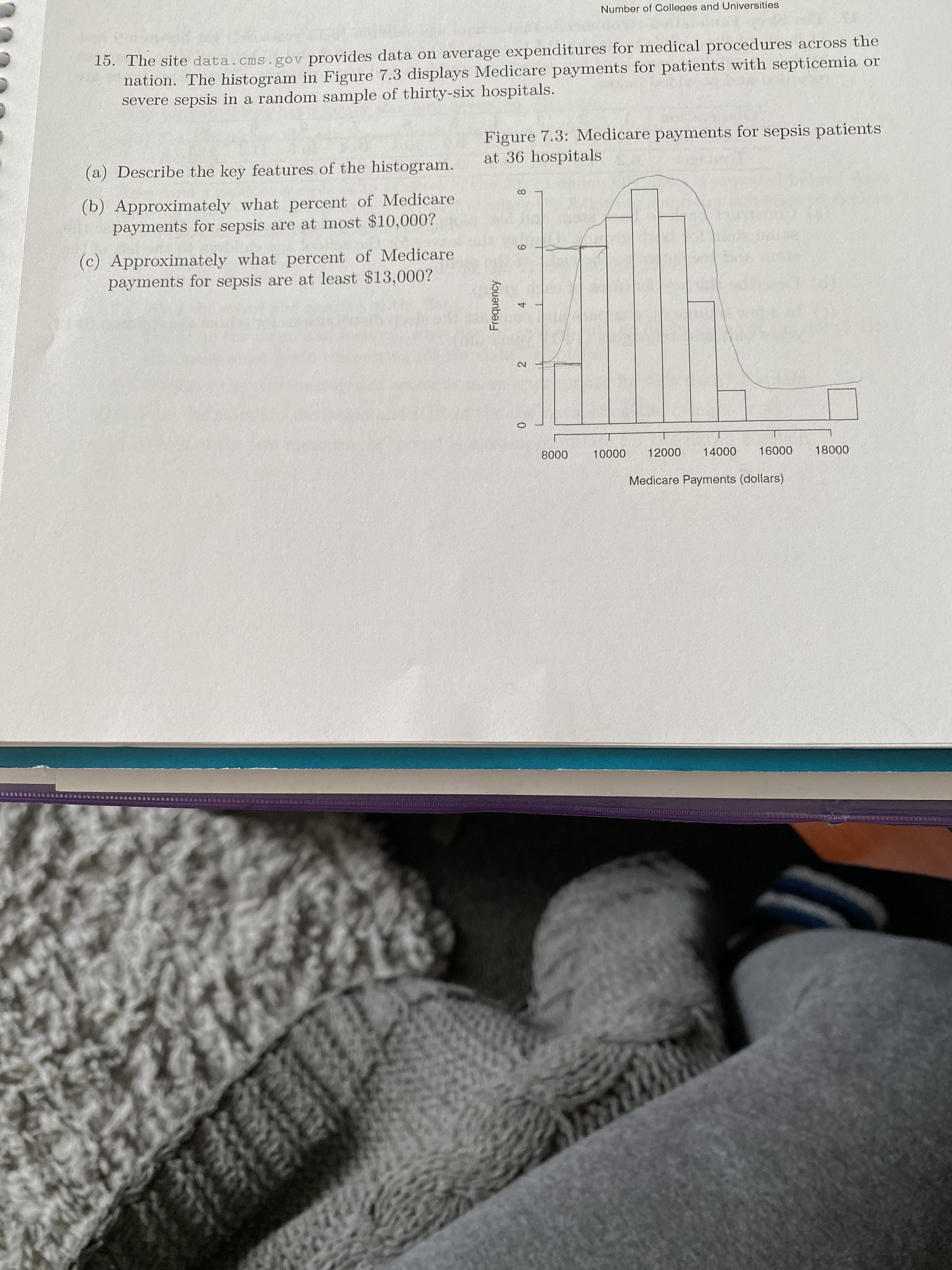 Number of Colleges and Universities
15. The site data.cms.gov provides data on average expenditures for medical procedures across the
nation. The histogram in Figure 7.3 displays Medicare payments for patients with septicemia or
severe sepsis in a random sample of thirty-six hospitals.
Figure 7.3: Medicare payments for sepsis patients
at 36 hospitals
(a) Describe the key features of the histogram.
(b) Approximately what percent of Medicare
payments for sepsis are at most $10,000?
(c) Approximately what percent of Medicare
payments for sepsis are at least $13,000?
6.
2.
12000
10000
8000
14000
16000
18000
Medicare Payments (dollars)
Frequency
4
