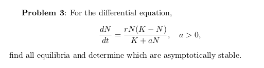 Problem 3: For the differential equation,
rN(K – N)
K + aN
dN
a > 0,
dt
find all equilibria and determine which are asymptotically stable.
