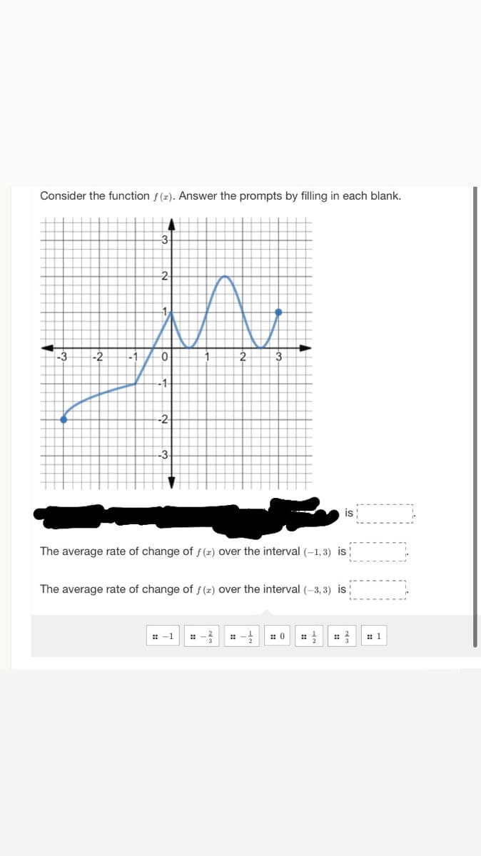 Consider the function f(x). Answer the prompts by filling in each blank.
-3 -2
-3-
2-
0
-1.
-2-
-3
1.
2
-1
3
The average rate of change of f(x) over the interval (-1,3) is
is
The average rate of change of f(x) over the interval (-3,3) is
-1 #0
# 1