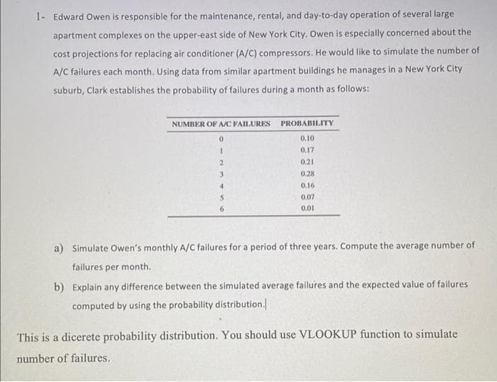 1- Edward Owen is responsible for the maintenance, rental, and day-to-day operation of several large
apartment complexes on the upper-east side of New York City. Owen is especially concerned about the
cost projections for replacing air conditioner (A/C) compressors. He would like to simulate the number of
A/C failures each month. Using data from similar apartment buildings he manages in a New York City
suburb, Clark establishes the probability of failures during a month as follows:
NUMBER OF A/C FAILURES
PROBABILITY
0.10
0.17
0.21
3.
0.28
4.
0.16
0.07
0.01
a) Simulate Owen's monthly A/C failures for a period of three years. Compute the average number of
failures per month.
b) Explain any difference between the simulated average failures and the expected value of failures
computed by using the probability distribution.
This is a dicerete probability distribution. You should use VLOOKUP function to simulate
number of failures.
