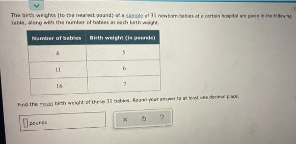 The birth weights (to the nearest pound) of a sample of 31 newborn babies at a certain hospital are given in the following
table, along with the number of babies at each birth weight.
Number of babies Birth weight (in pounds)
4.
11
16
7.
Find the mean birth weight of these 31 babies. Round your answer to at least one decimal place.
O pounds
