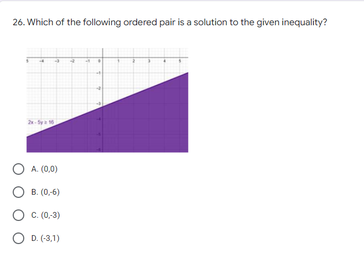 26. Which of the following ordered pair is a solution to the given inequality?
O A. (0,0)
O B. (0,6)
O C. (0-3)
D. (-3,1)