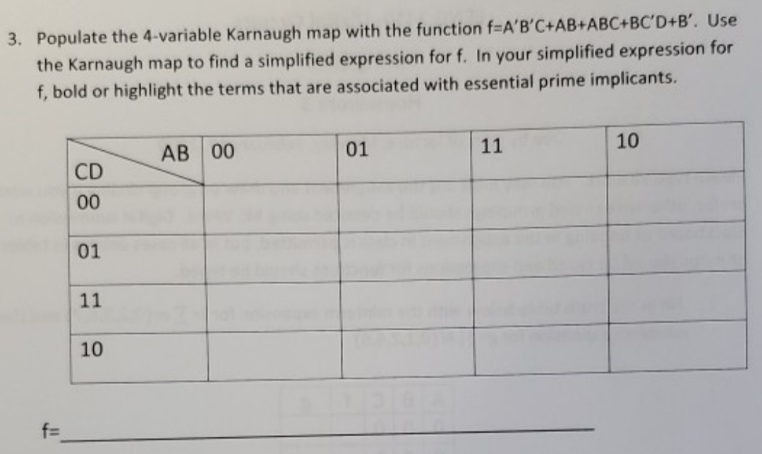 3. Populate the 4-variable Karnaugh map with the function f=A'B'C+AB+ABC+BC'D+B'. Use
the Karnaugh map to find a simplified expression for f. In your simplified expression for
f, bold or highlight the terms that are associated with essential prime implicants.
10
AB 00
11
01
CD
00
01
11
10
f3

