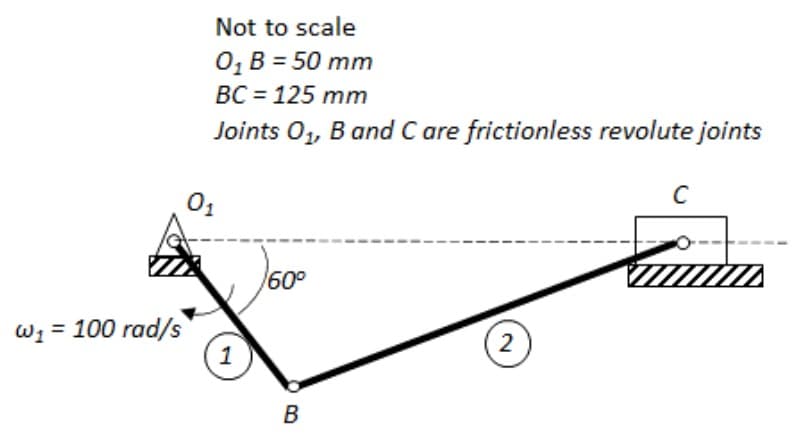 W₁ = 100 rad/s
Not to scale
0₁ B = 50 mm
BC = 125 mm
Joints O₁, B and C are frictionless revolute joints
0₁
1
60°
B
2
C
mmmm