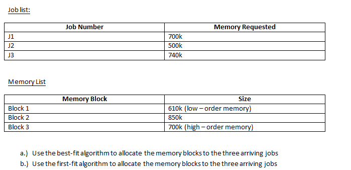 Job list:
Job Number
Memory Requested
J1
700k
J2
500k
J3
740k
Memory List
Memory Block
Size
Block 1
610k (low - order memory)
850k
Block 2
Block 3
700k (high - order memory)
a.) Use the best-fit algorithm to allocate the memory blocks to the three arriving jobs
b.) Use the first-fit algorithm to allocate the memory blocksto the three arriving jobs
