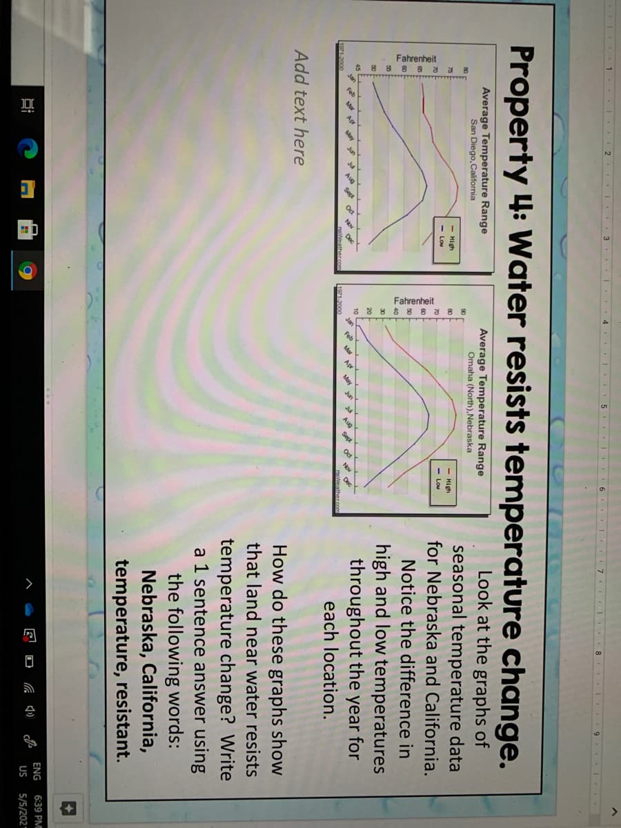 Fahrenheit
Fahrenheit
9 I...
Property 4: Water resists temperature change.
Look at the graphs of
seasonal temperature data
Average Temperature Range
San Diego, Califomia
Average Temperature Range
Omaha (North).Nebraska
80
90
- High
- High
75
for Nebraska and California.
Low
70
70
Notice the difference in
high and low temperatures
throughout the year for
30
50
20
10
each location.
Add text here
How do these graphs show
that land near water resists
temperature change? Write
a 1 sentence answer using
the following words:
Nebraska, California,
temperature, resistant.
ENG
6:39 PM
US
5/5/202
