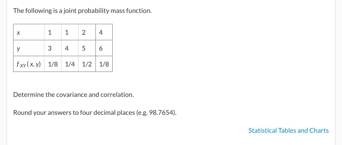 The following is a joint probability mass function.
1
4
y
3
4
6
fxy(x, y) 1/8
1/4 1/2
1/8
Determine the covariance and correlation.
Round your answers to four decimal places (e.g. 98.7654).
Statistical Tables and Charts
