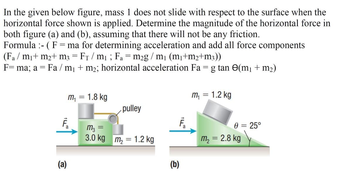 In the given below figure, mass 1 does not slide with respect to the surface when the
horizontal force shown is applied. Determine the magnitude of the horizontal force in
both figure (a) and (b), assuming that there will not be any friction.
Formula :- ( F
ma for determining acceleration and add all force components
= FT / mı ; Fa =
(Fa / m¡+ m2+ m3
m2g / m (mị+m2+m3))
F= ma; a = Fa / m¡ + m2; horizontal acceleration Fa = g tan O(m¡ + m2)
m, = 1.8 kg
m, = 1.2 kg
pulley
Fa
0 = 25°
m3 =
3.0 kg m, = 1.2 kg
m, = 2.8 kg
%3D
(a)
(b)
