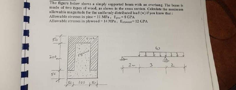 The figure below shows a simply supported beam with an overhang. The beam is
made of two types of wood, as shown in the cross seetion. Calculate the maximum
allowable magnitude for the uniformly distributed load (w) if you know that:
Allowable stresses in pine - 11 MPa, Epise-8 GPA
Allowable stresses in plywood = 14 MPa, Eplywood 12 GPA
200
Pywica
3.
2.
50
(00
est
