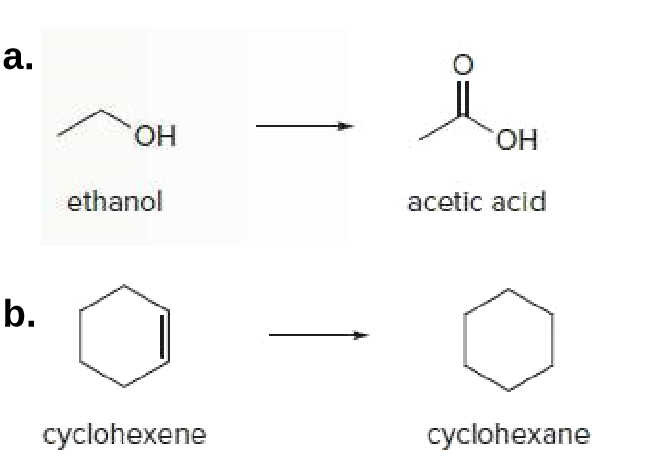 a.
HO.
HO.
ethanol
acetic acid
b.
cyclohexene
cyclohexane
