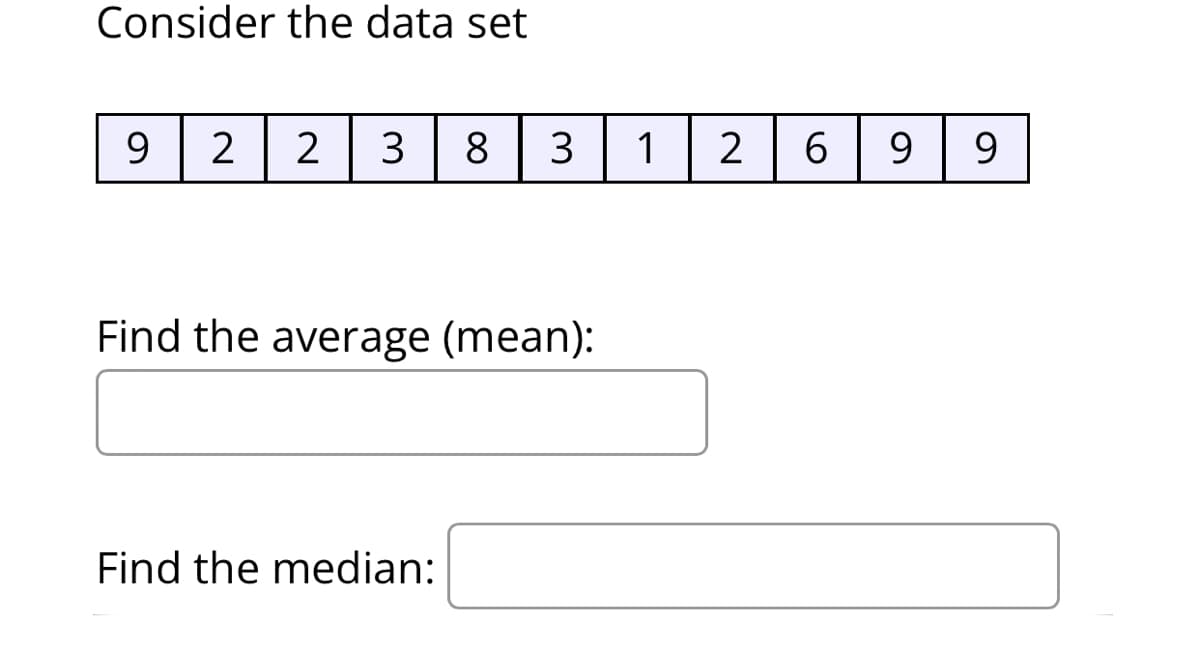 Consider the data set
9.
2
3
8
3
1
2
6.
9.
9.
Find the average (mean):
Find the median:
