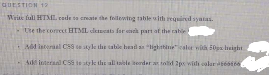 QUESTION 12
Write full HTML code to create the following table with required syntax.
Use the correct HTMIL elements for each part of the table
Add internal CSS to style the table head as "lightblue" color with 50px height
Add internal CSS to style the all table border as solid 2px with color #666666
